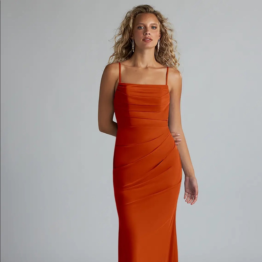 Azazie Teyana Sheath Square Neckline Pleated Mesh Bridesmaid Dress in Paprika A8